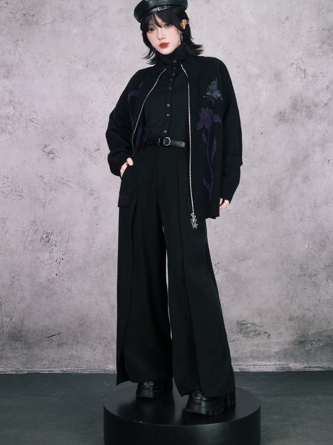 Black Iris Embroidered Flap-Pocket Wide-Leg Pants