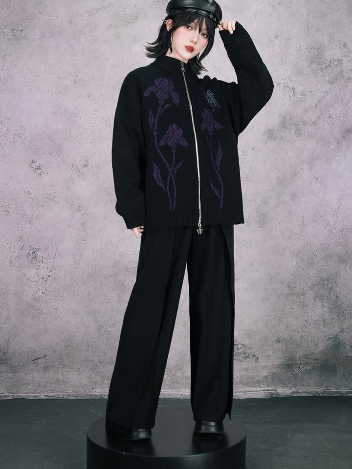 Black Iris Embroidered Flap-Pocket Wide-Leg Pants