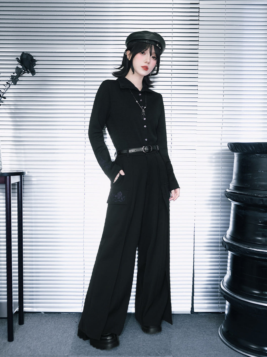 Black Iris Embroidered Flap-Pocket Wide-Leg Pants