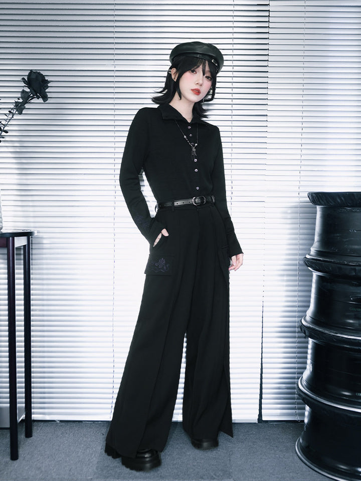 Black Iris Embroidered Flap-Pocket Wide-Leg Pants