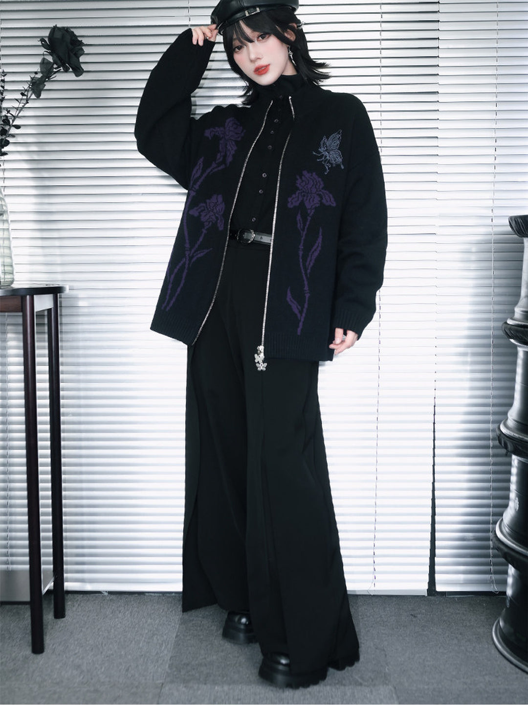 Black Iris Embroidered Flap-Pocket Wide-Leg Pants