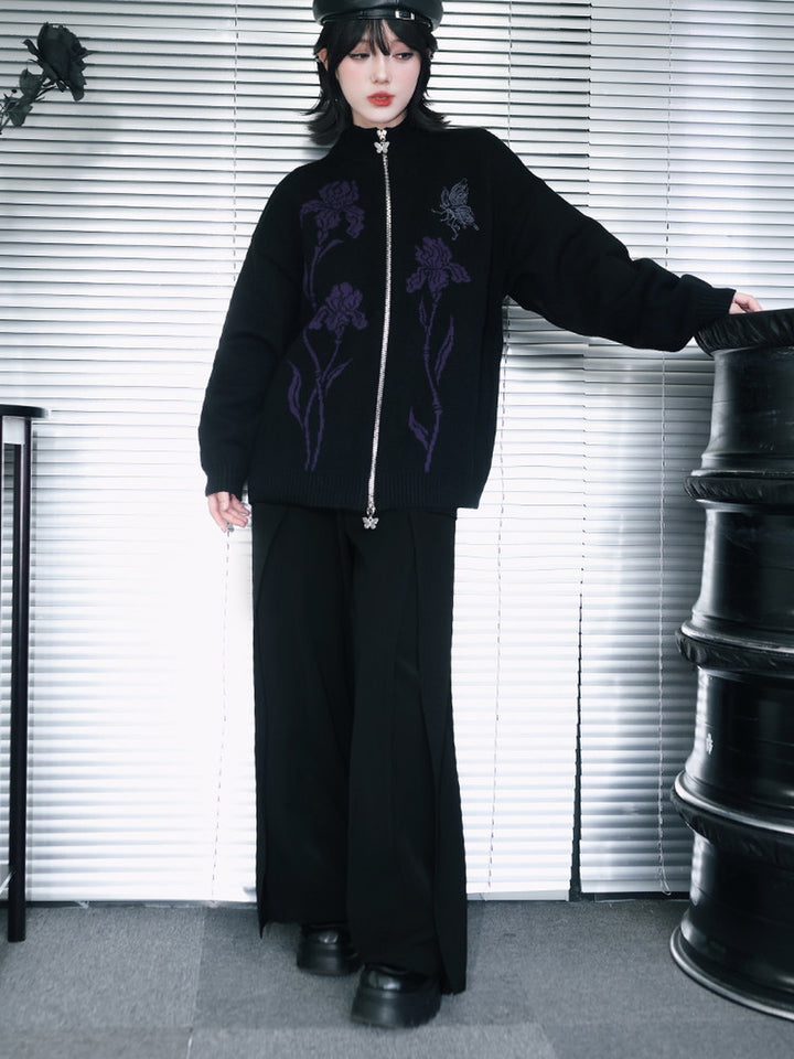 Black Iris Embroidered Flap-Pocket Wide-Leg Pants