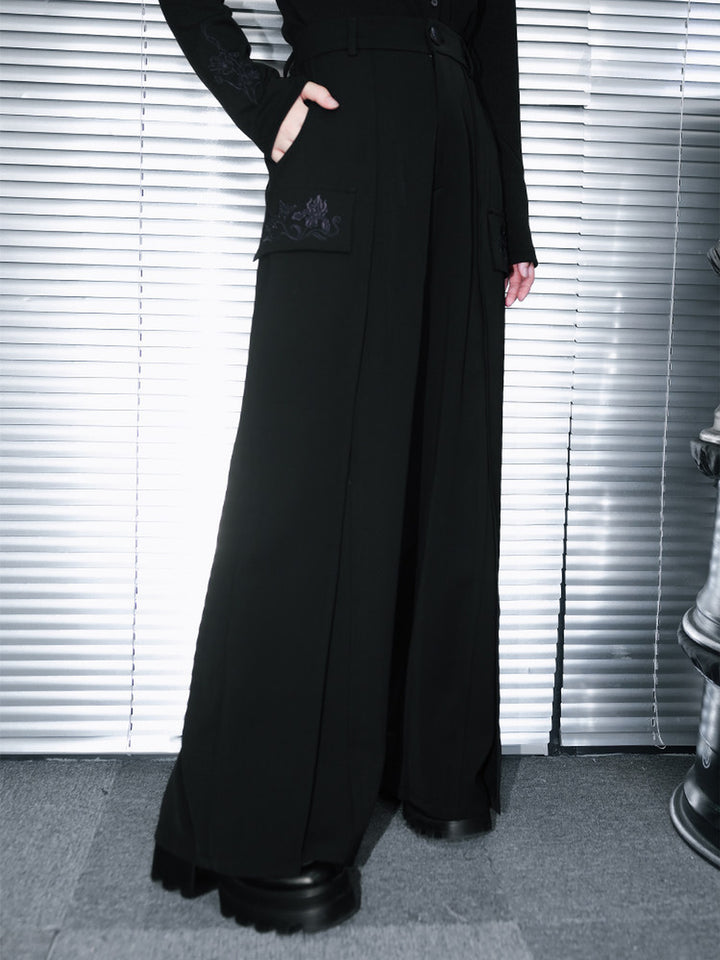 Black Iris Embroidered Flap-Pocket Wide-Leg Pants