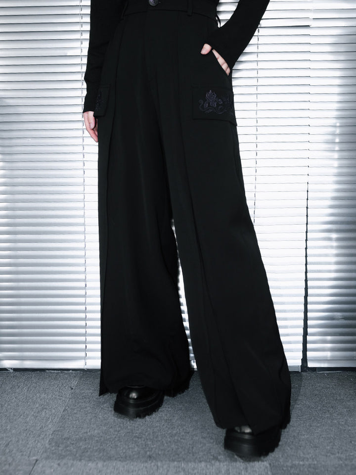 Black Iris Embroidered Flap-Pocket Wide-Leg Pants