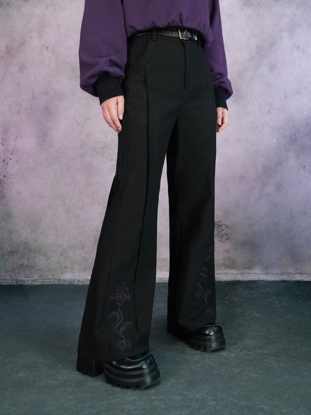 Black Iris Embroidered High-Waist Flared Pants