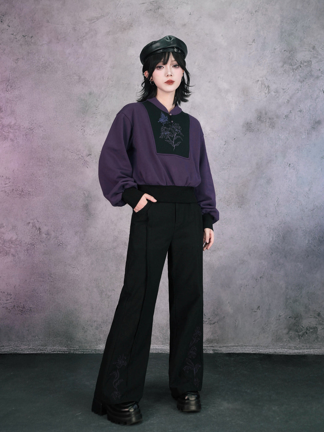 Black Iris Embroidered High-Waist Flared Pants