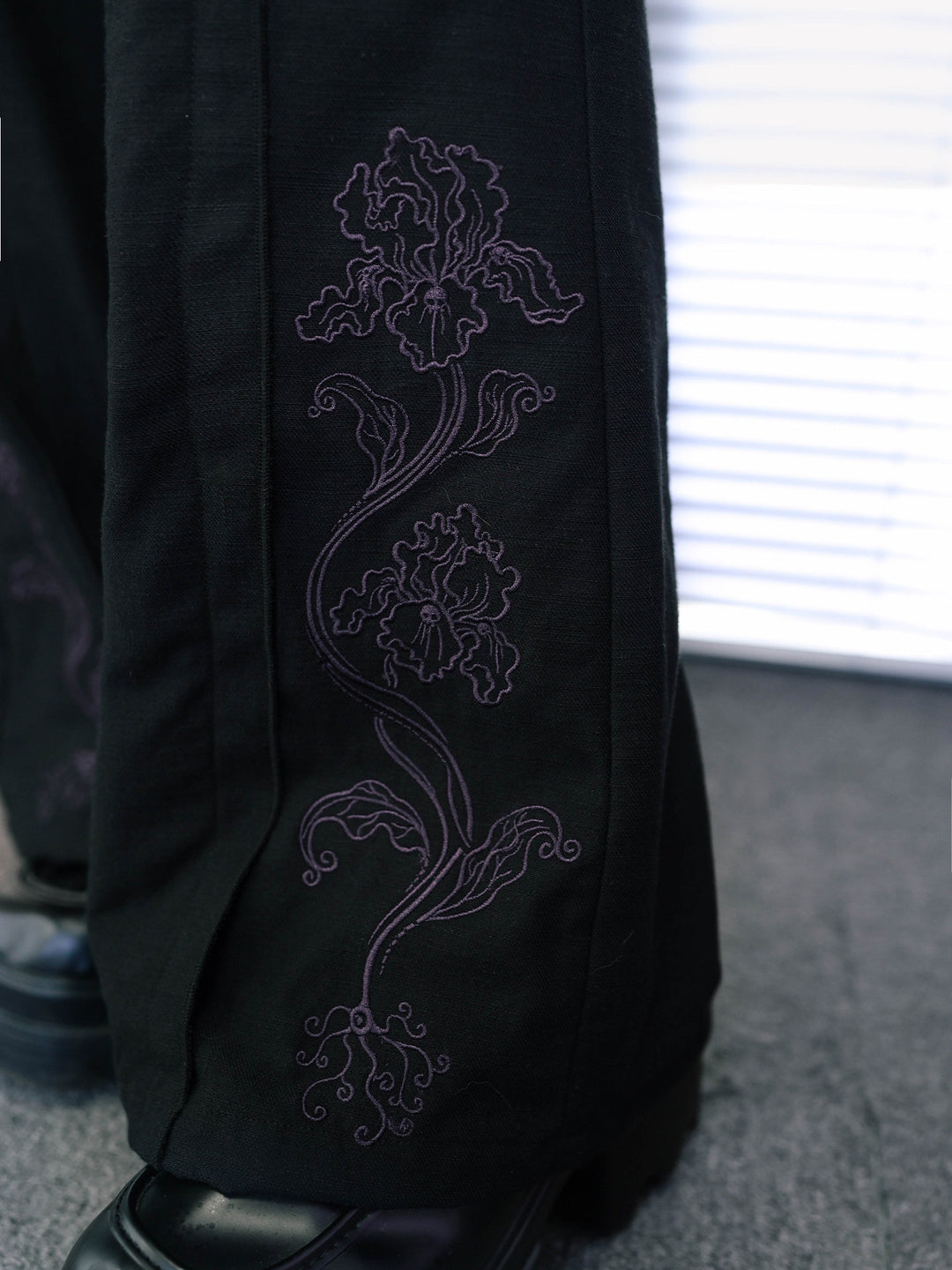 Black Iris Embroidered High-Waist Flared Pants