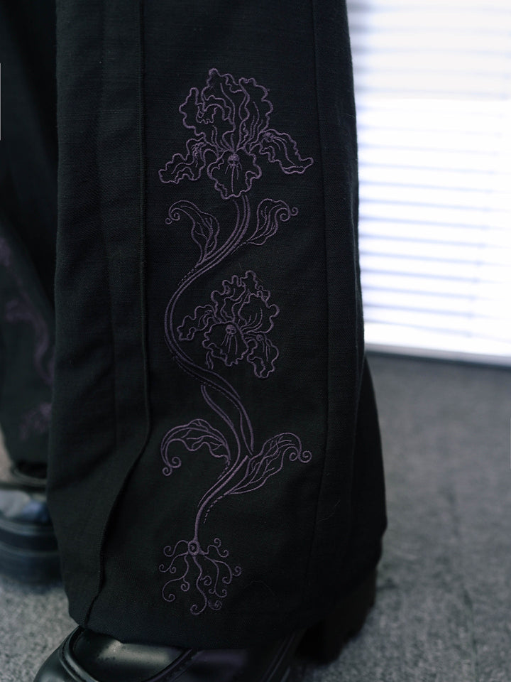Black Iris Embroidered High-Waist Flared Pants