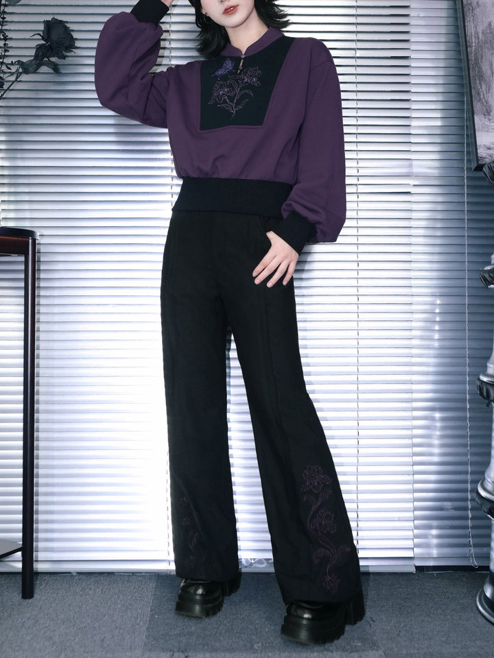 Black Iris Embroidered High-Waist Flared Pants