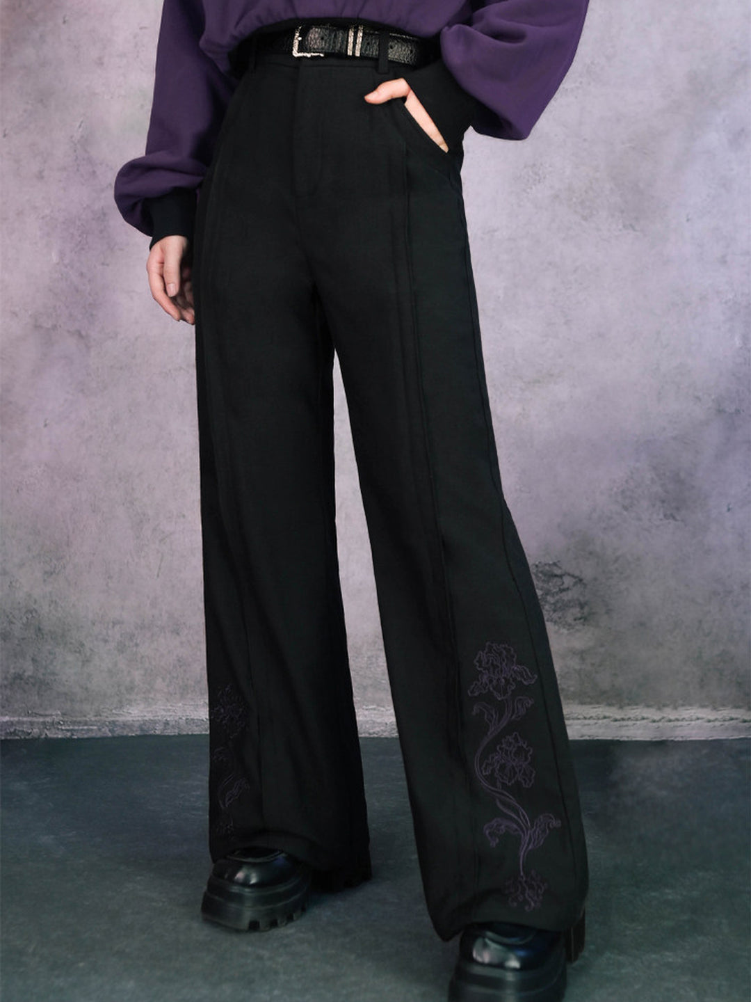 Black Iris Embroidered High-Waist Flared Pants