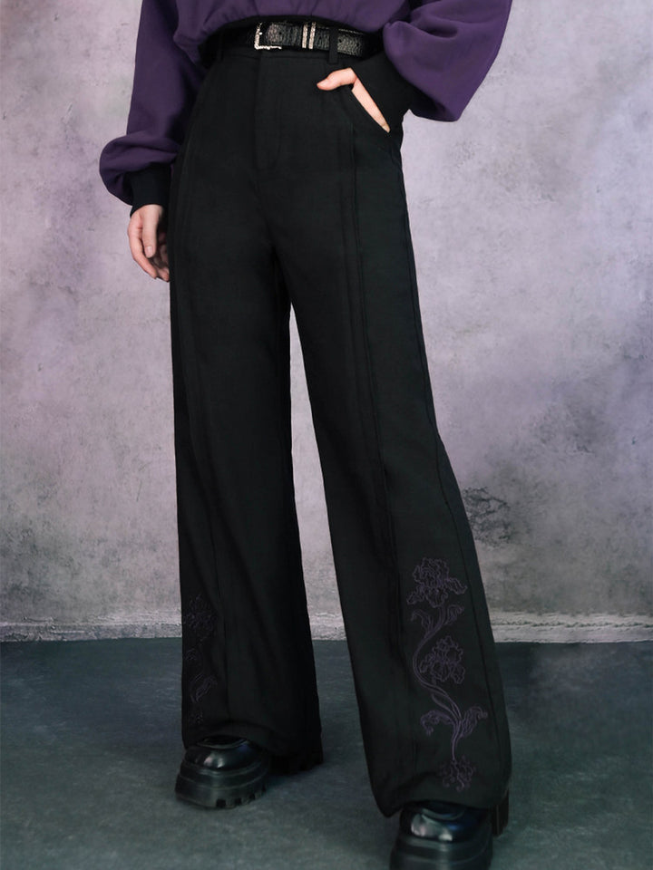 Black Iris Embroidered High-Waist Flared Pants