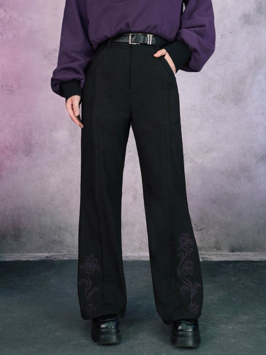 Black Iris Embroidered High-Waist Flared Pants