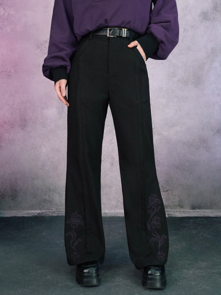 Black Iris Embroidered High-Waist Flared Pants