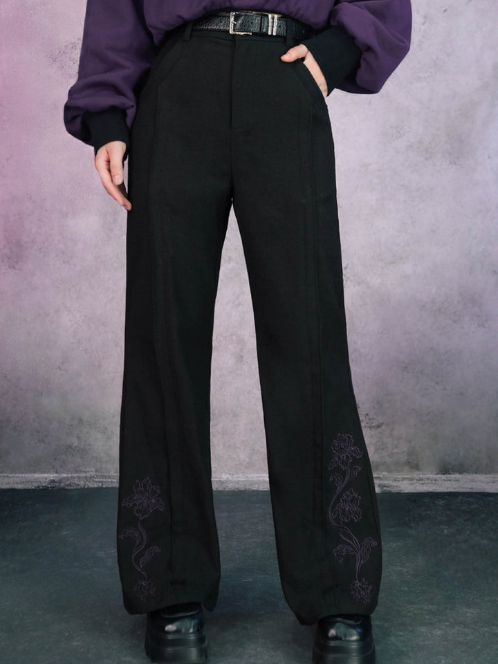 Black Iris Embroidered High-Waist Flared Pants