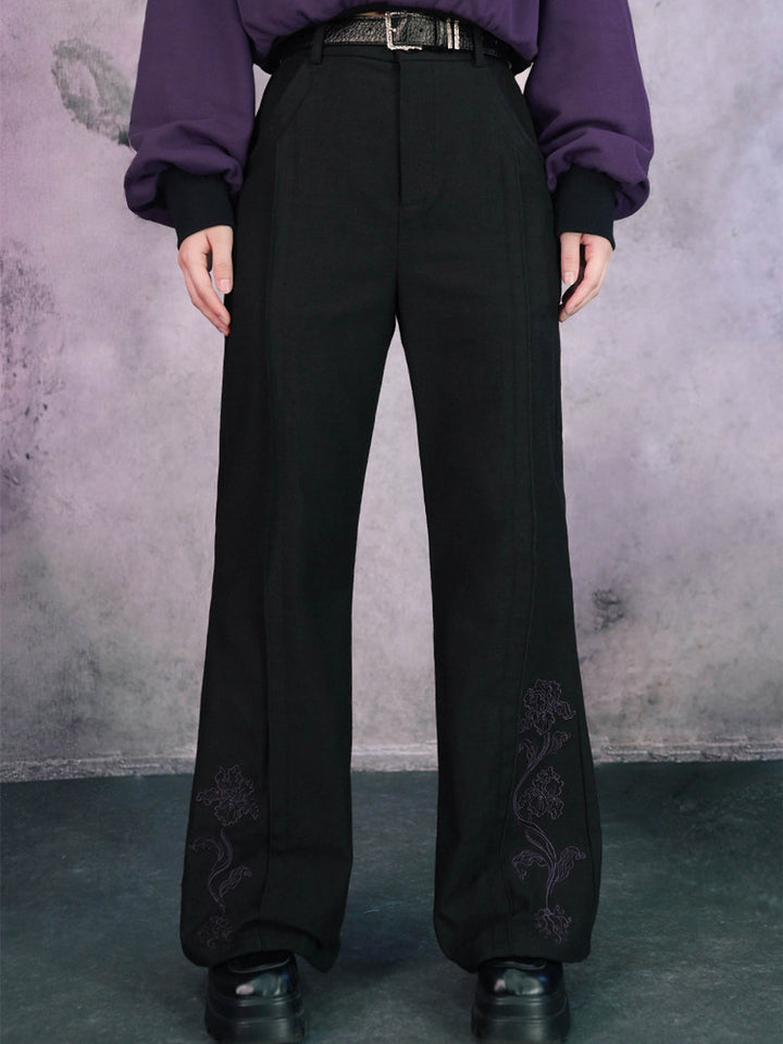 Black Iris Embroidered High-Waist Flared Pants
