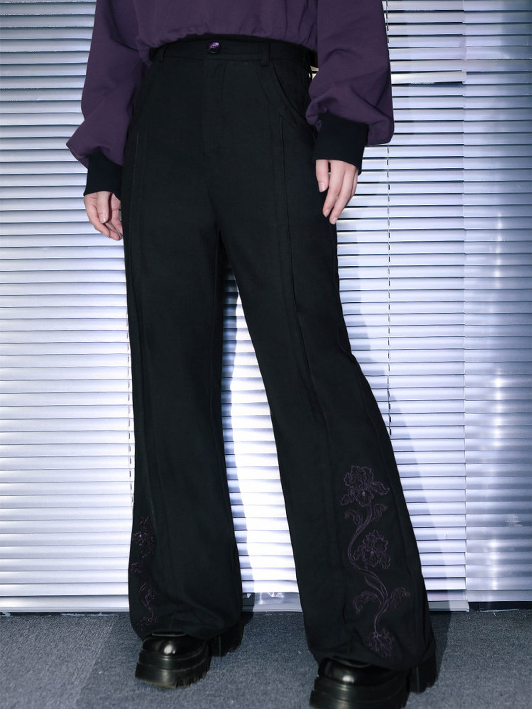 Black Iris Embroidered High-Waist Flared Pants