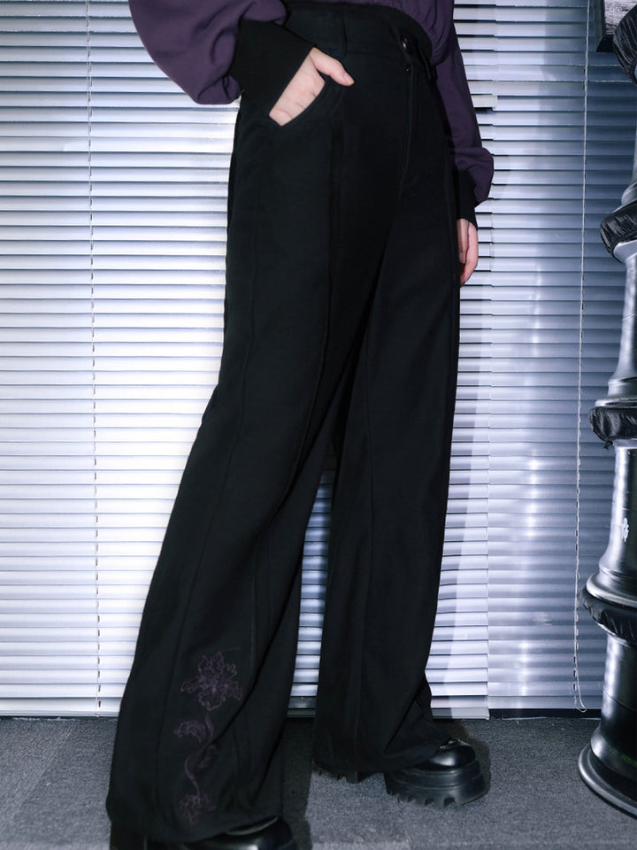 Black Iris Embroidered High-Waist Flared Pants