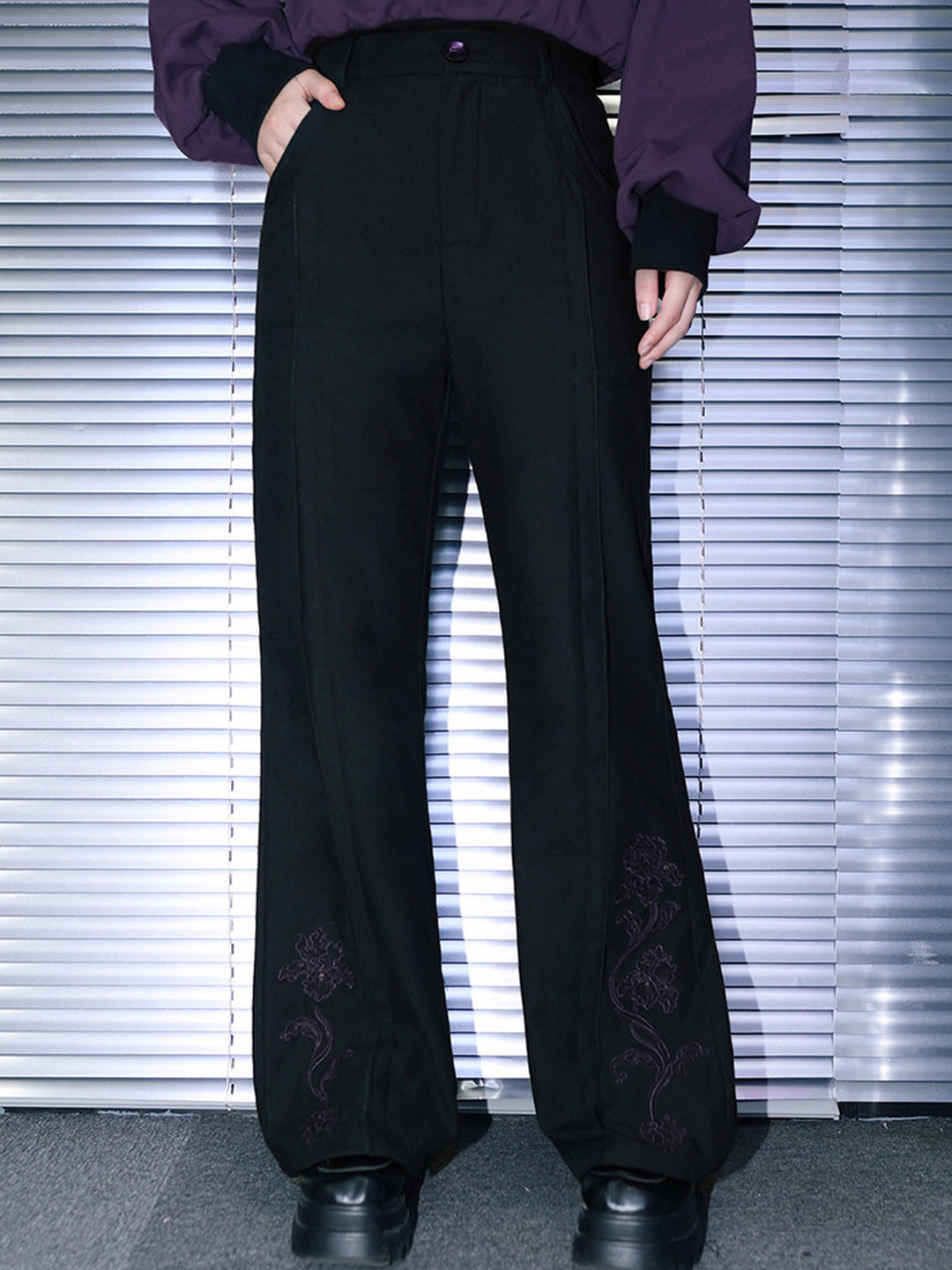 Black Iris Embroidered High-Waist Flared Pants