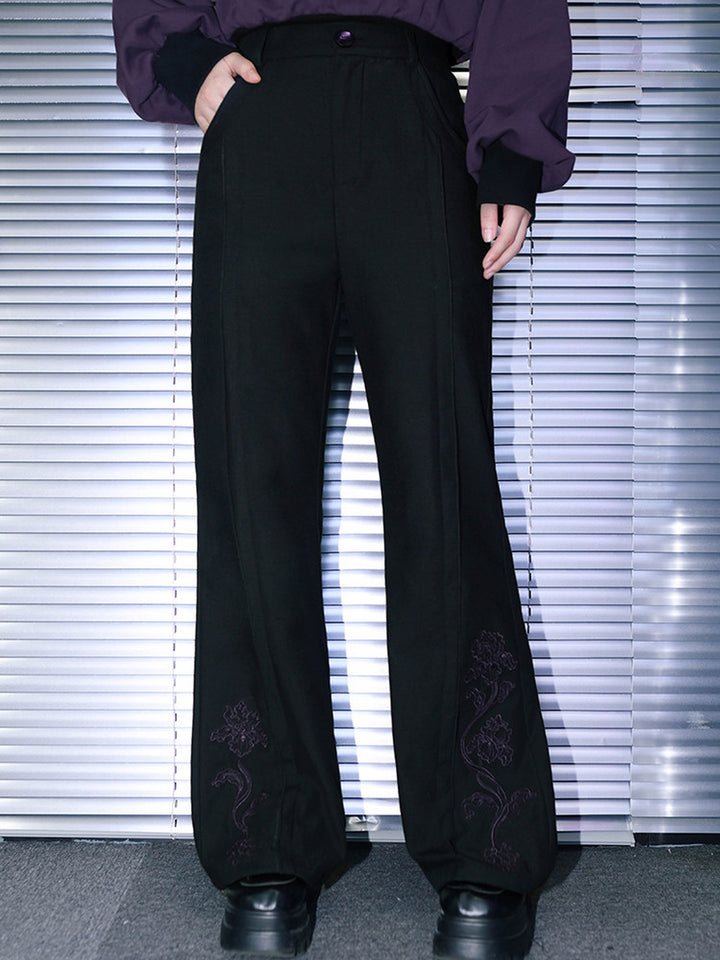 Black Iris Embroidered High-Waist Flared Pants