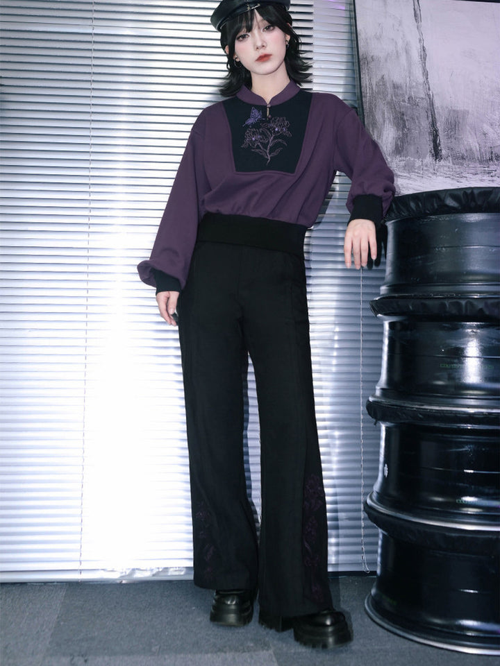 Black Iris Embroidered High-Waist Flared Pants