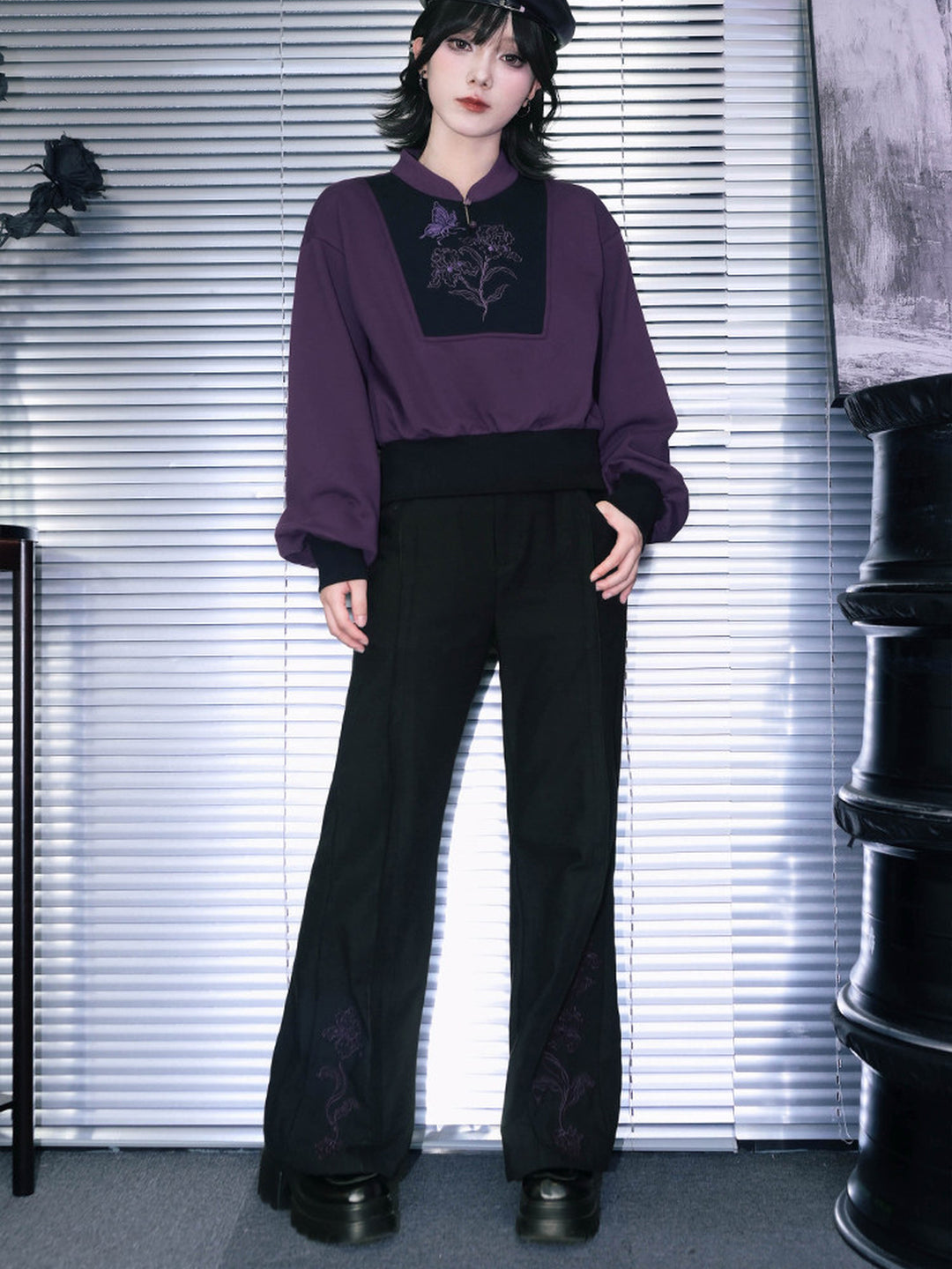 Black Iris Embroidered High-Waist Flared Pants