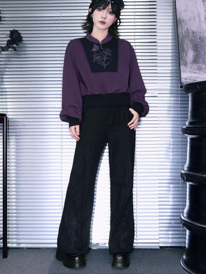 Black Iris Embroidered High-Waist Flared Pants