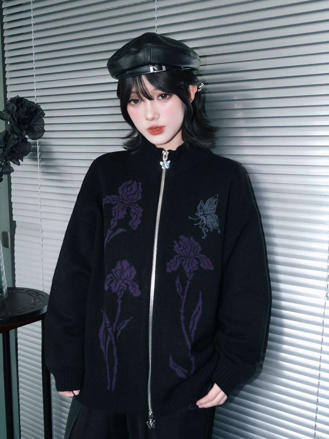 Black Iris and Fairy Double-Zip Knit Jacket
