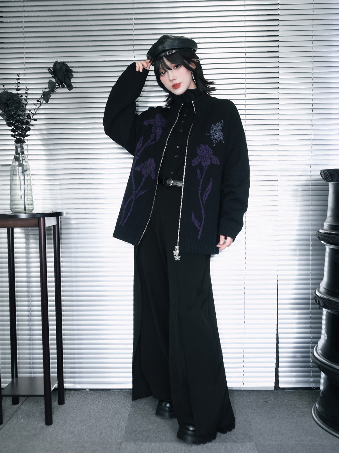 Black Iris and Fairy Double-Zip Knit Jacket