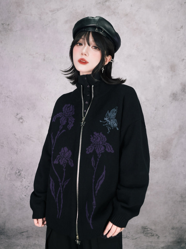Black Iris and Fairy Double-Zip Knit Jacket