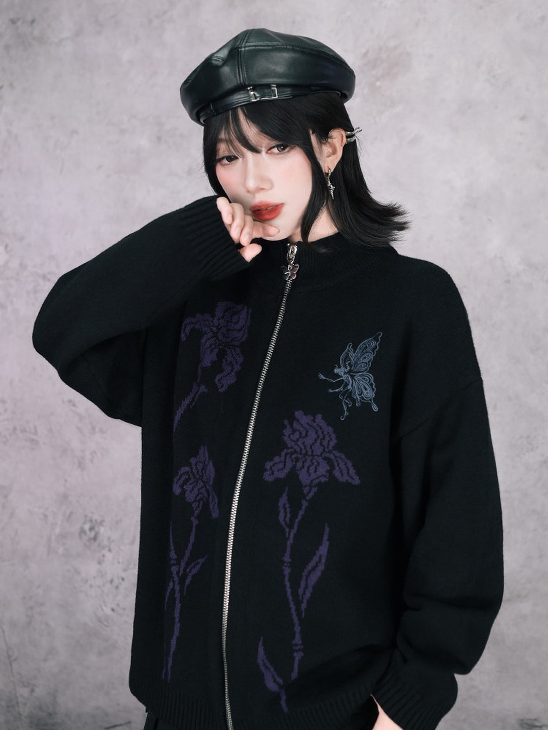 Black Iris and Fairy Double-Zip Knit Jacket