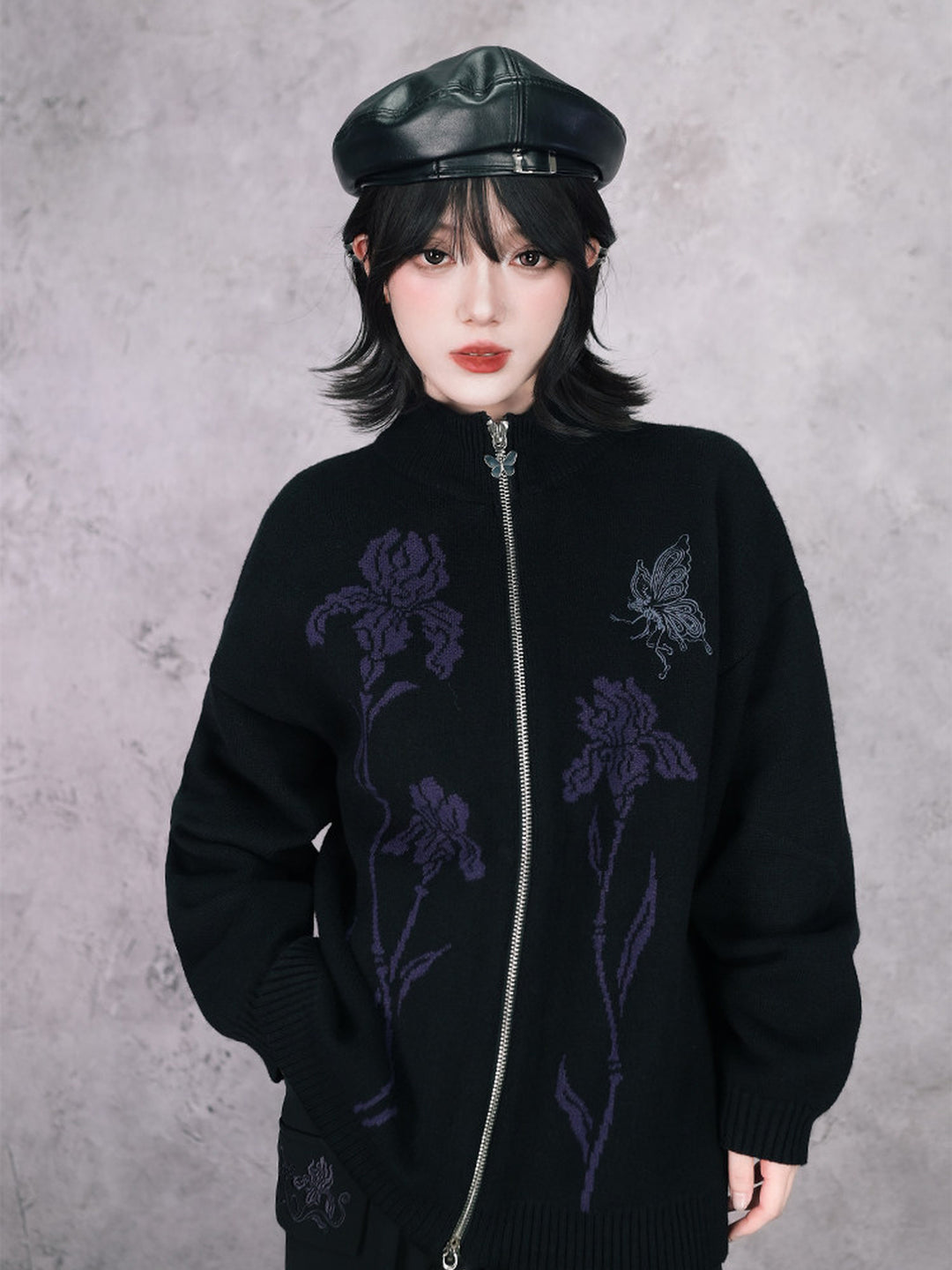 Black Iris and Fairy Double-Zip Knit Jacket