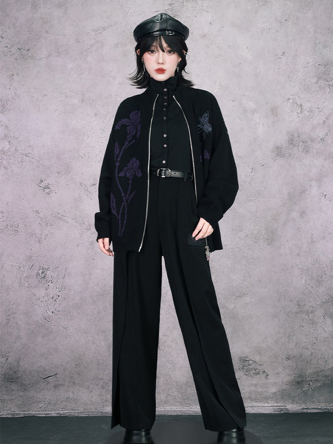 Black Iris and Fairy Double-Zip Knit Jacket