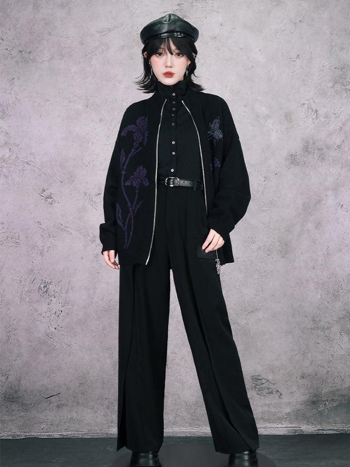 Black Iris and Fairy Double-Zip Knit Jacket