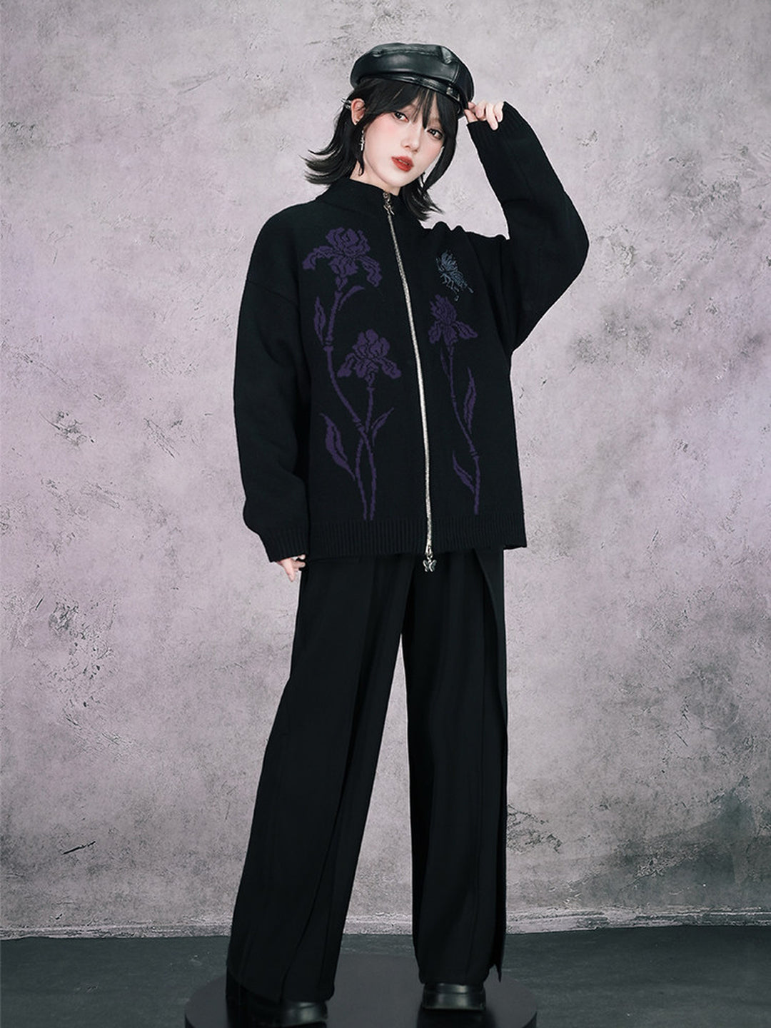 Black Iris and Fairy Double-Zip Knit Jacket