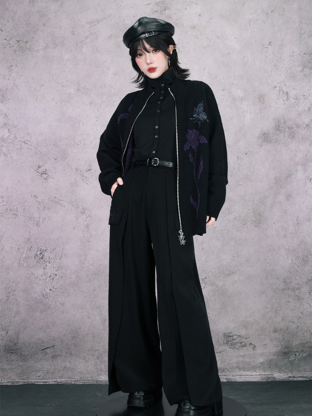 Black Iris and Fairy Double-Zip Knit Jacket