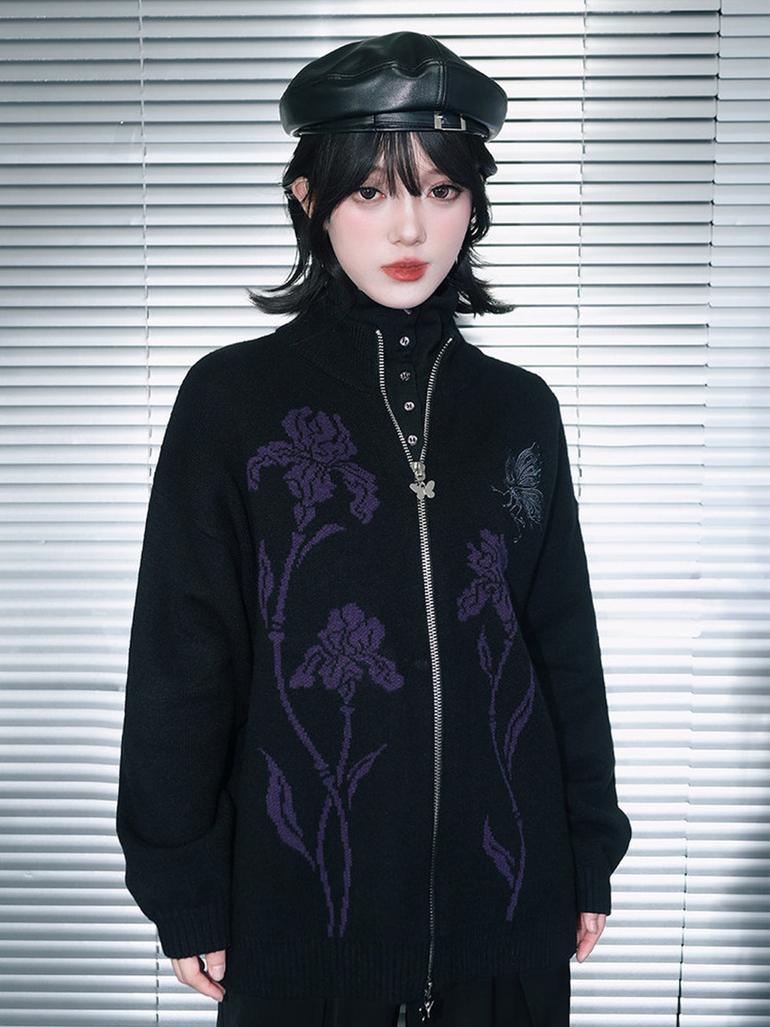 Black Iris and Fairy Double-Zip Knit Jacket