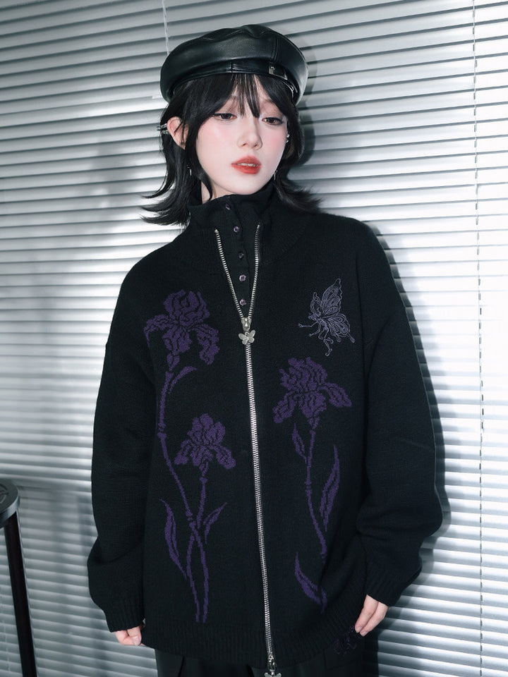 Black Iris and Fairy Double-Zip Knit Jacket