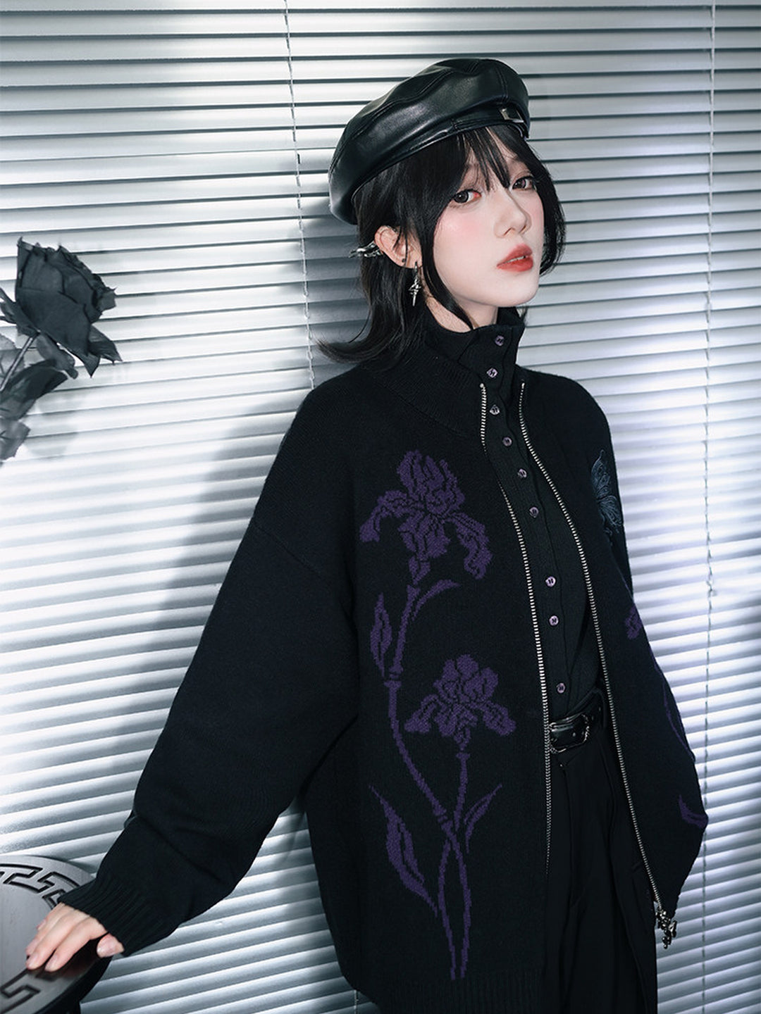 Black Iris and Fairy Double-Zip Knit Jacket