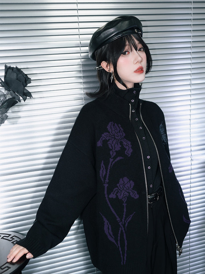 Black Iris and Fairy Double-Zip Knit Jacket