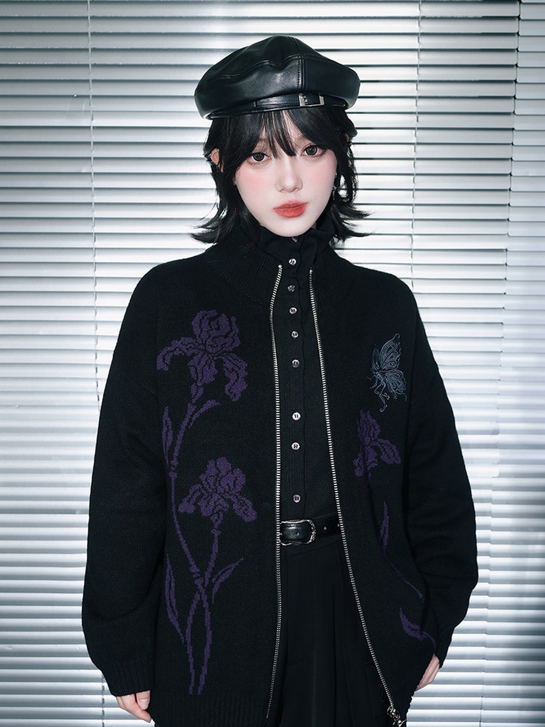 Black Iris and Fairy Double-Zip Knit Jacket