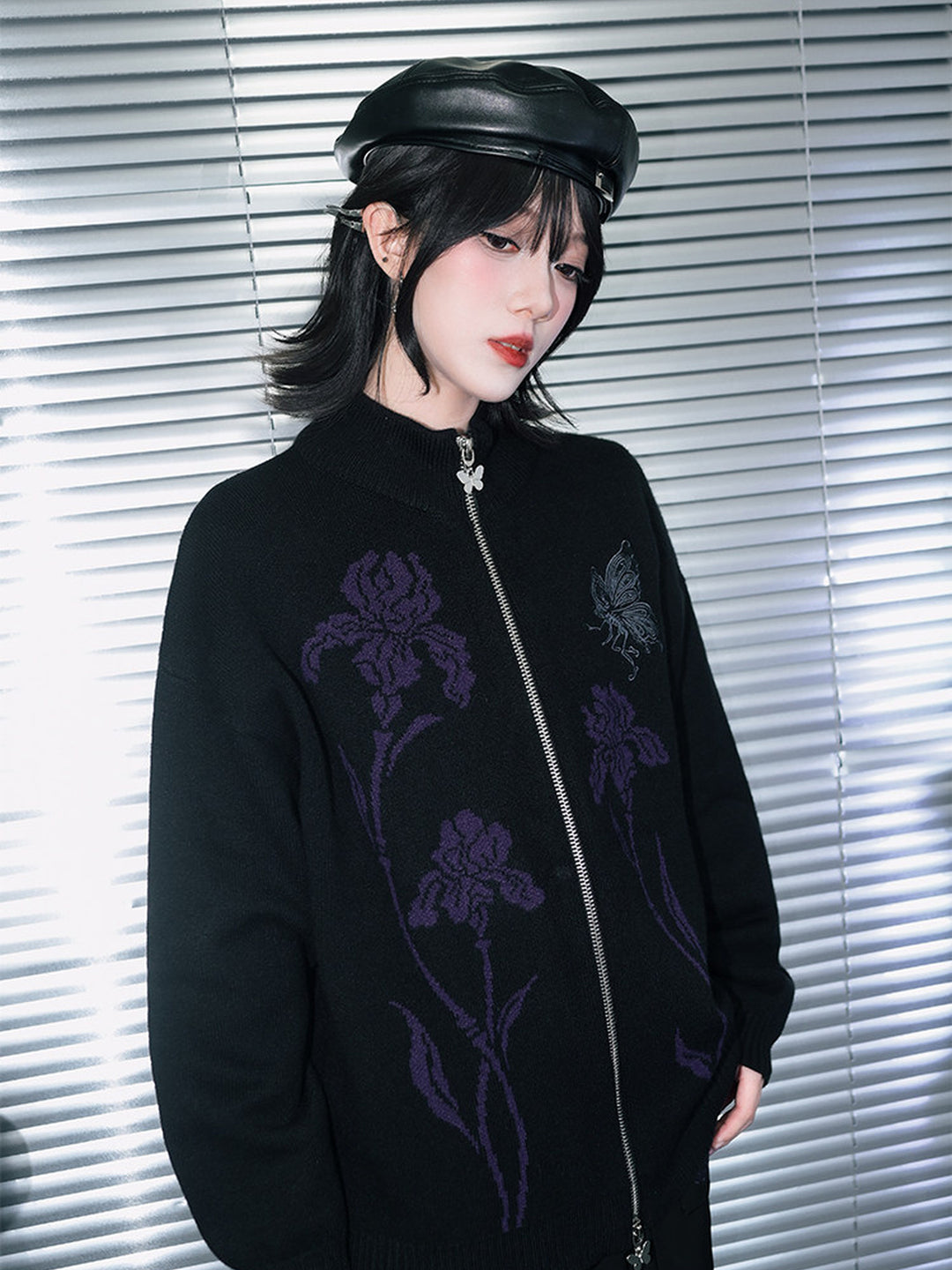 Black Iris and Fairy Double-Zip Knit Jacket