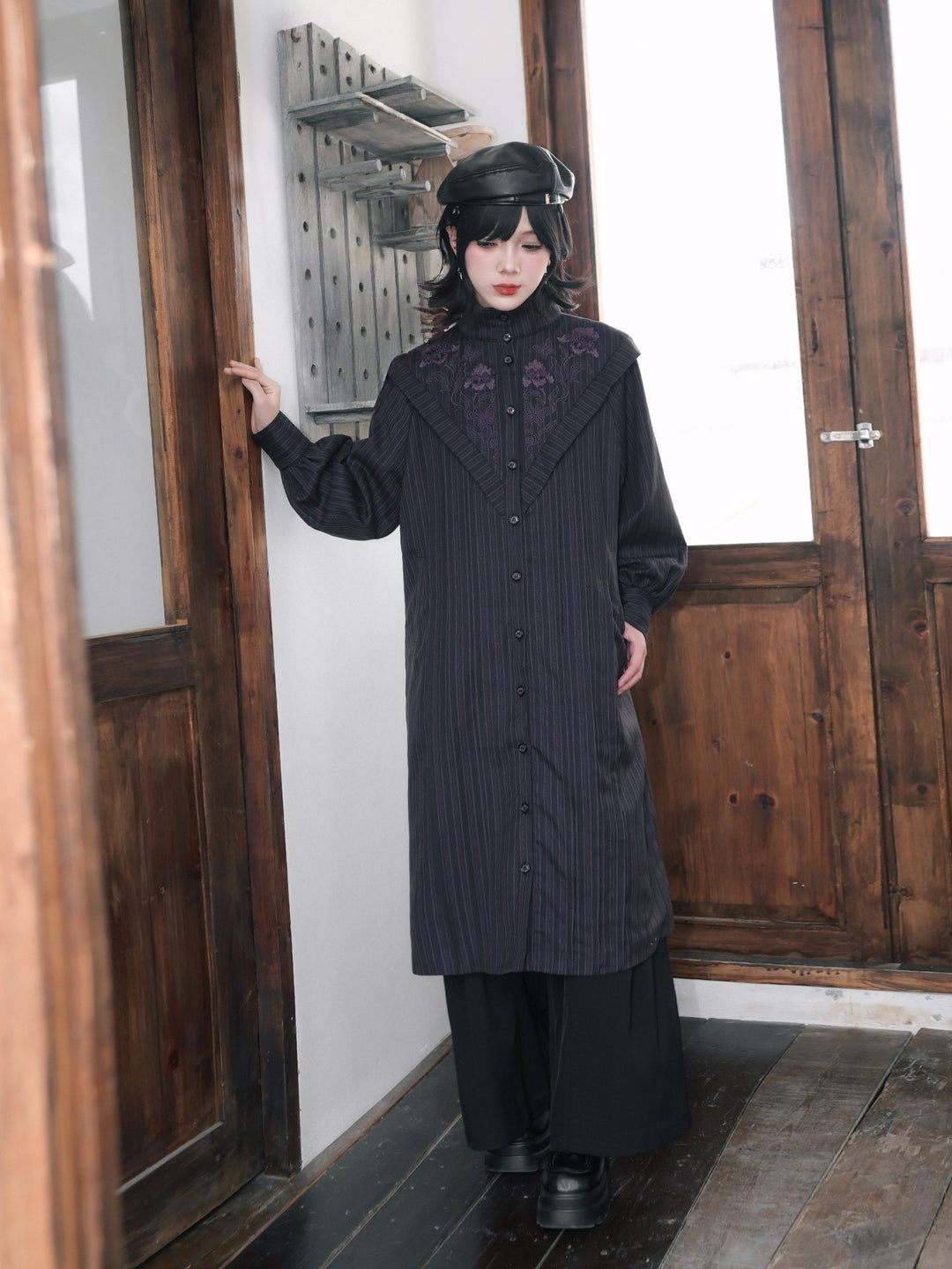 Purple Iris Embroidered Convertible-Collar Longline Jacket