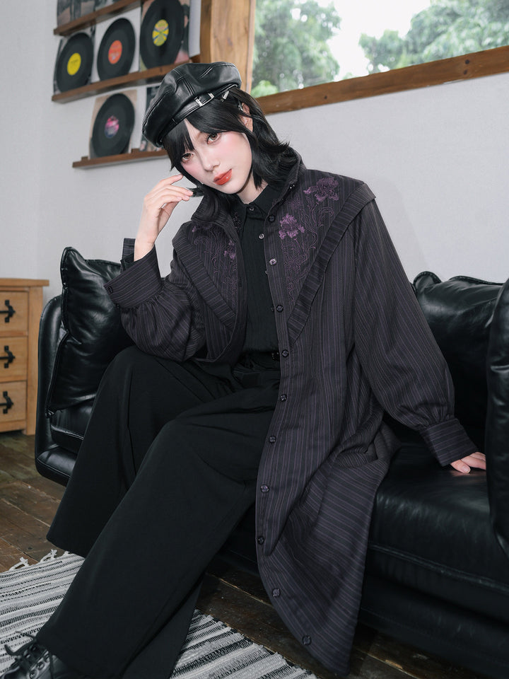 Purple Iris Embroidered Convertible-Collar Longline Jacket