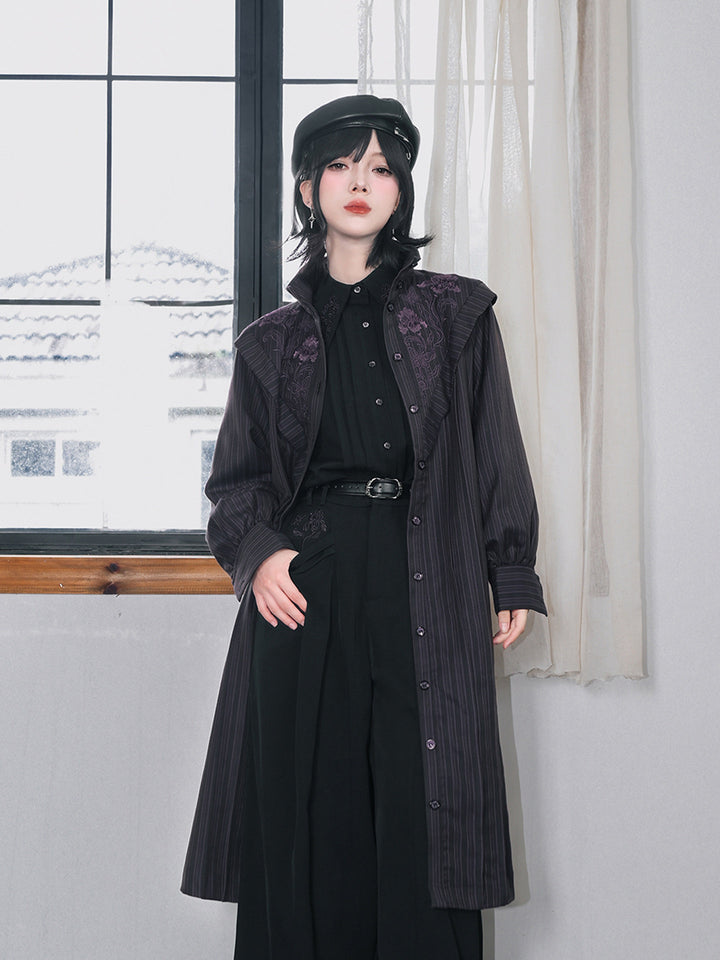 Purple Iris Embroidered Convertible-Collar Longline Jacket