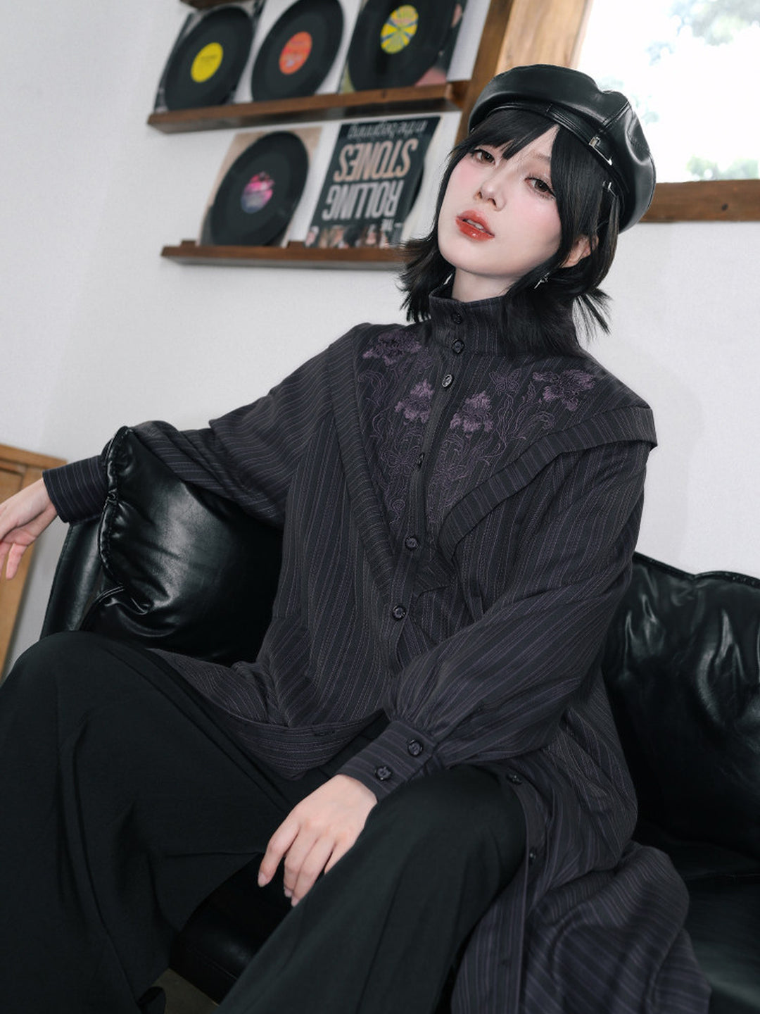 Purple Iris Embroidered Convertible-Collar Longline Jacket