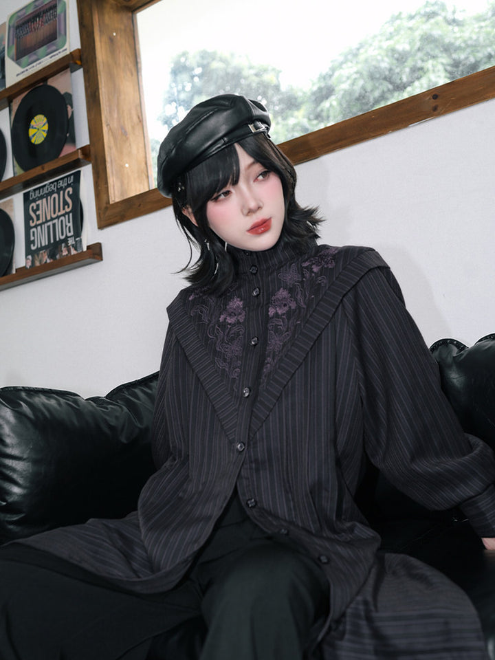 Purple Iris Embroidered Convertible-Collar Longline Jacket