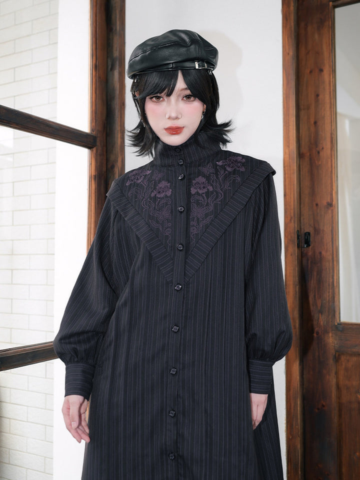 Purple Iris Embroidered Convertible-Collar Longline Jacket