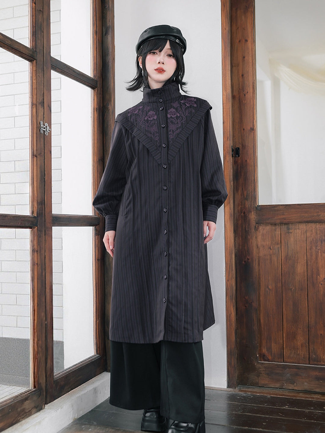 Purple Iris Embroidered Convertible-Collar Longline Jacket
