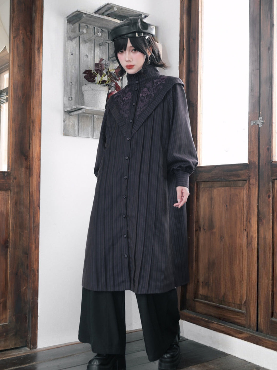 Purple Iris Embroidered Convertible-Collar Longline Jacket