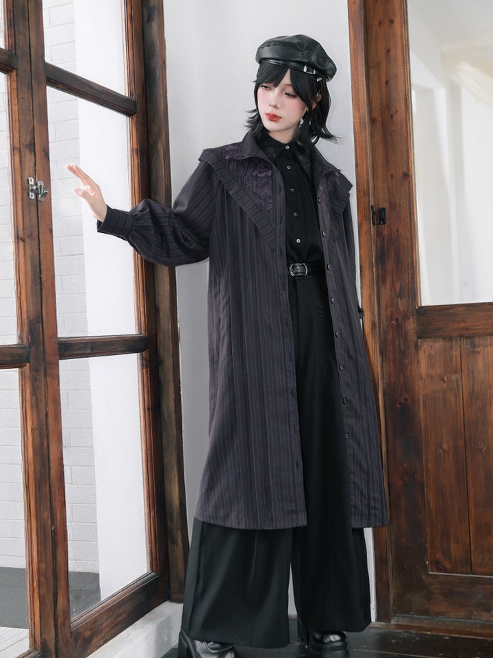 Purple Iris Embroidered Convertible-Collar Longline Jacket